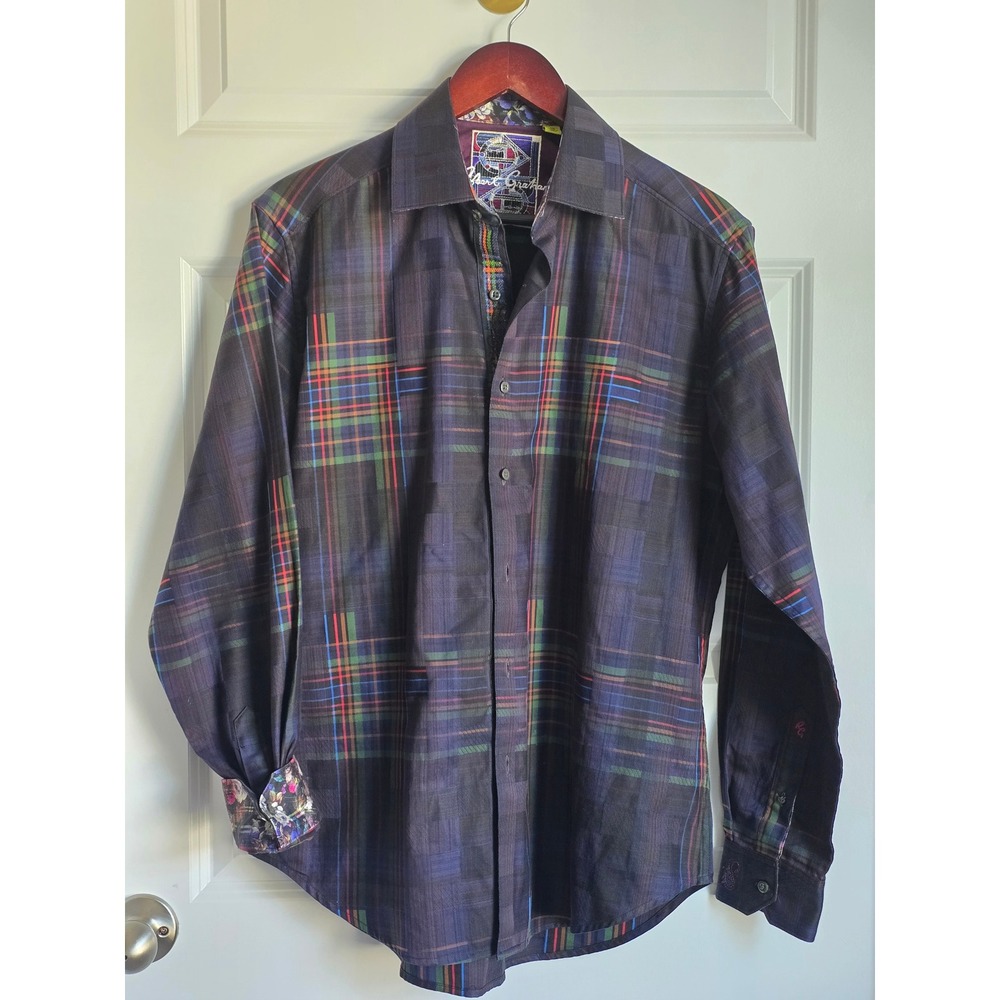 Robert Graham Mens Navy Plaid Long Sleeve Button Down Shirt Floral Cuffs XL